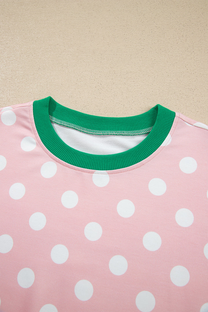Pink Polka Dot Contrast Trim Long Sleeve Top Drawstring Shift Pants Set