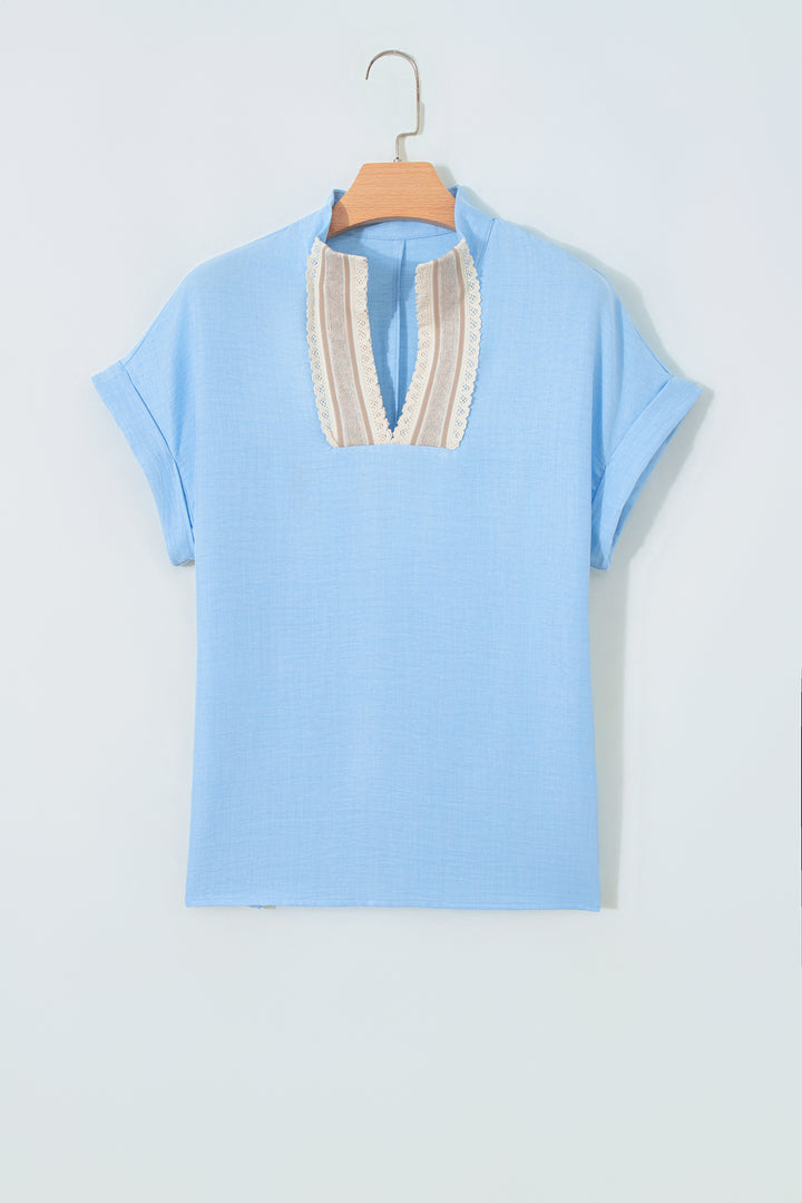 Beau Blue Crochet Lace Accent Pullover Rolled Short Sleeve Blouse