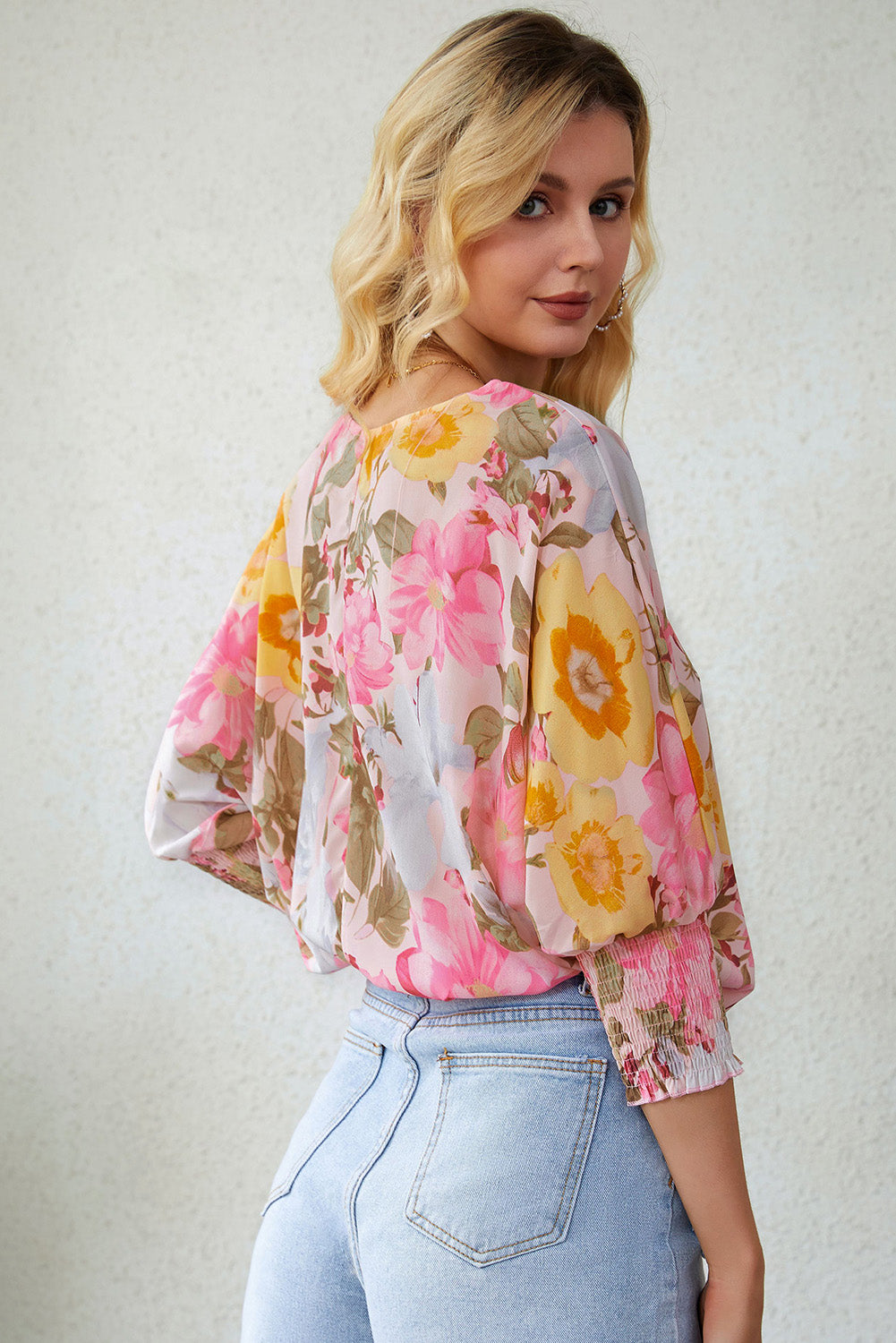 Pink Shirred Cuff 3/4 Sleeve Loose Fit Floral Blouse