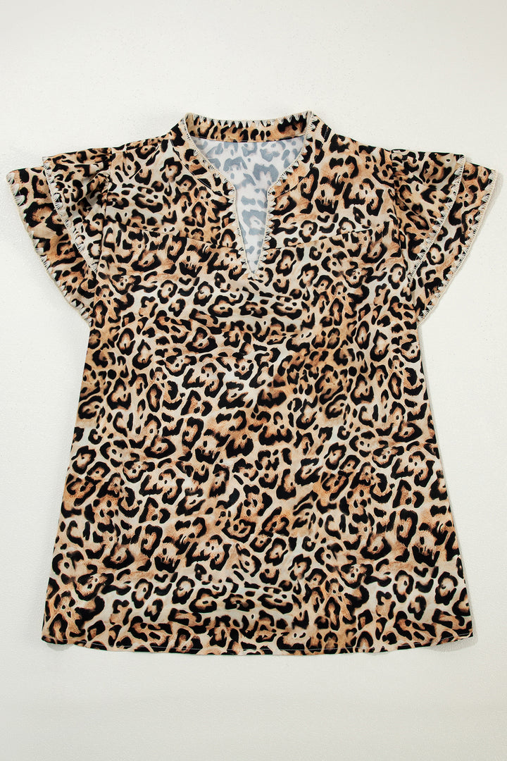 Khaki Plus Size Leopard Print Stitch Detail Ruffled Short Sleeve Blouse