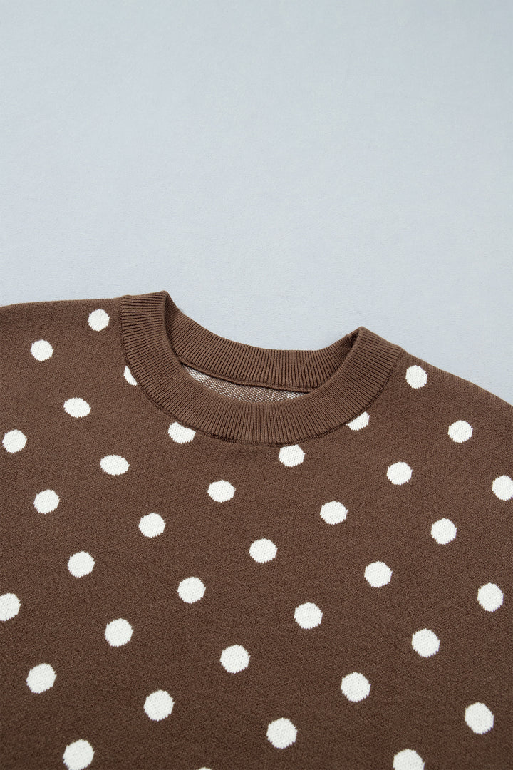 Brown Dolman Short Sleeve Round Neck Polka Dot Sweater