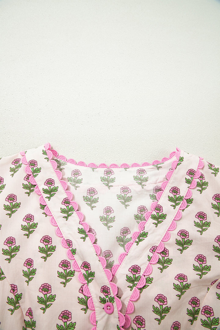 Pink Floral Print V Neck Short Sleeve Cotton Long Dress