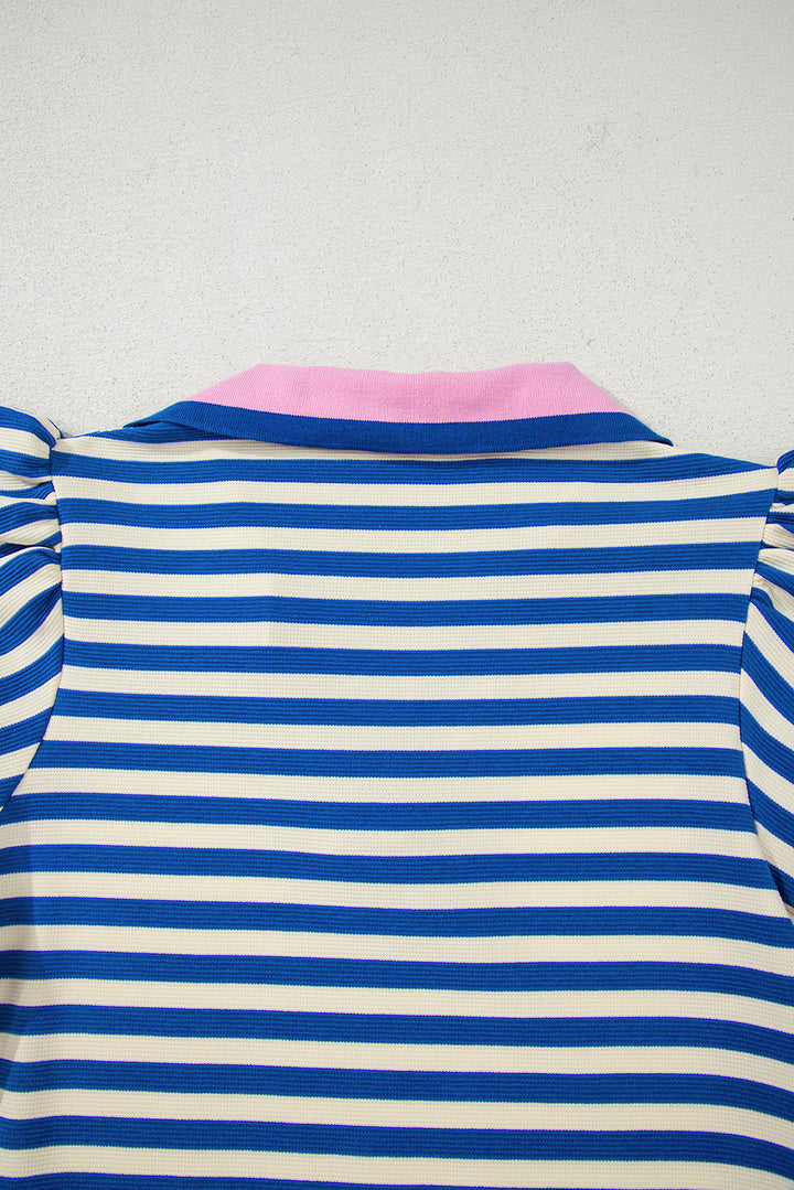 Dark Blue Stripe Print Contrast Collar Split Neck Flutter Sleeve Short Dress