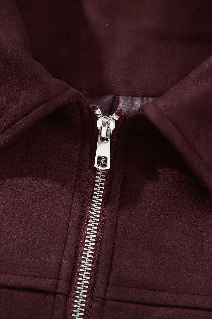 Chicory Coffee Solid Zip-up Metal Placket Collar Long Sleeve Jacket