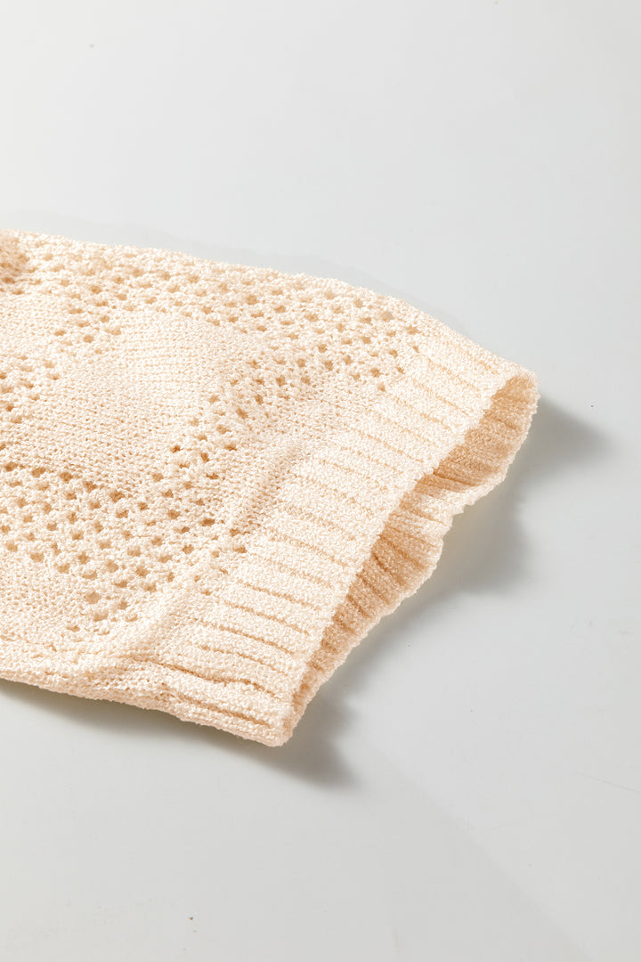 Plaid Pattern Crochet Knit Short Sleeve Sweater