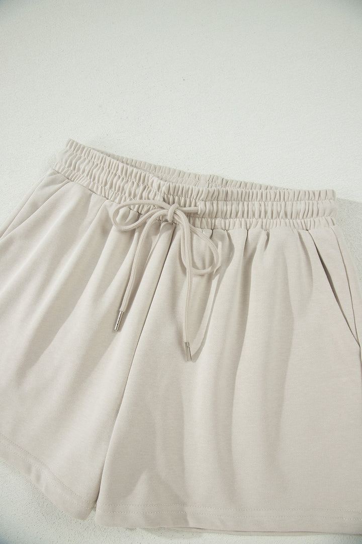 Smoke Gray Solid Color Puffy Loose Top Drawstring Shorts 2pcs Outfit