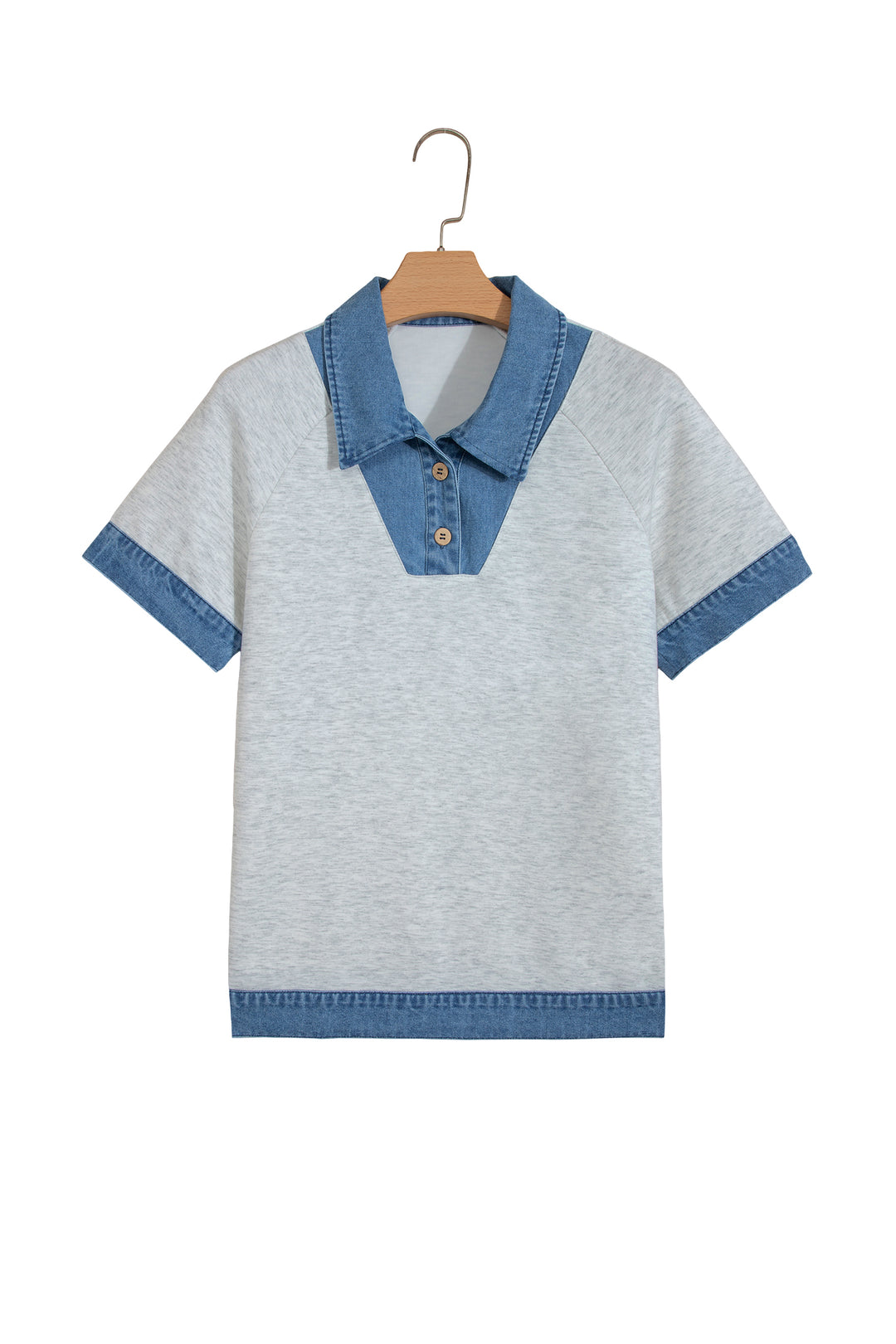 Light Grey Denim Contrast Collar Cuffed Short Sleeve Top
