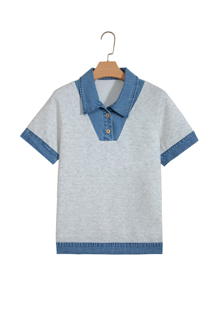 Light Grey Denim Contrast Collar Cuffed Short Sleeve Top