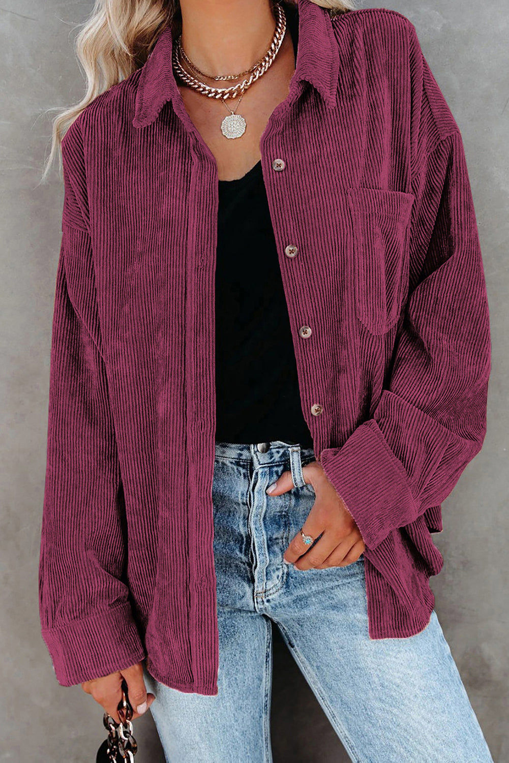 Wine Fiery Red Corduroy Button Pocket Shirt
