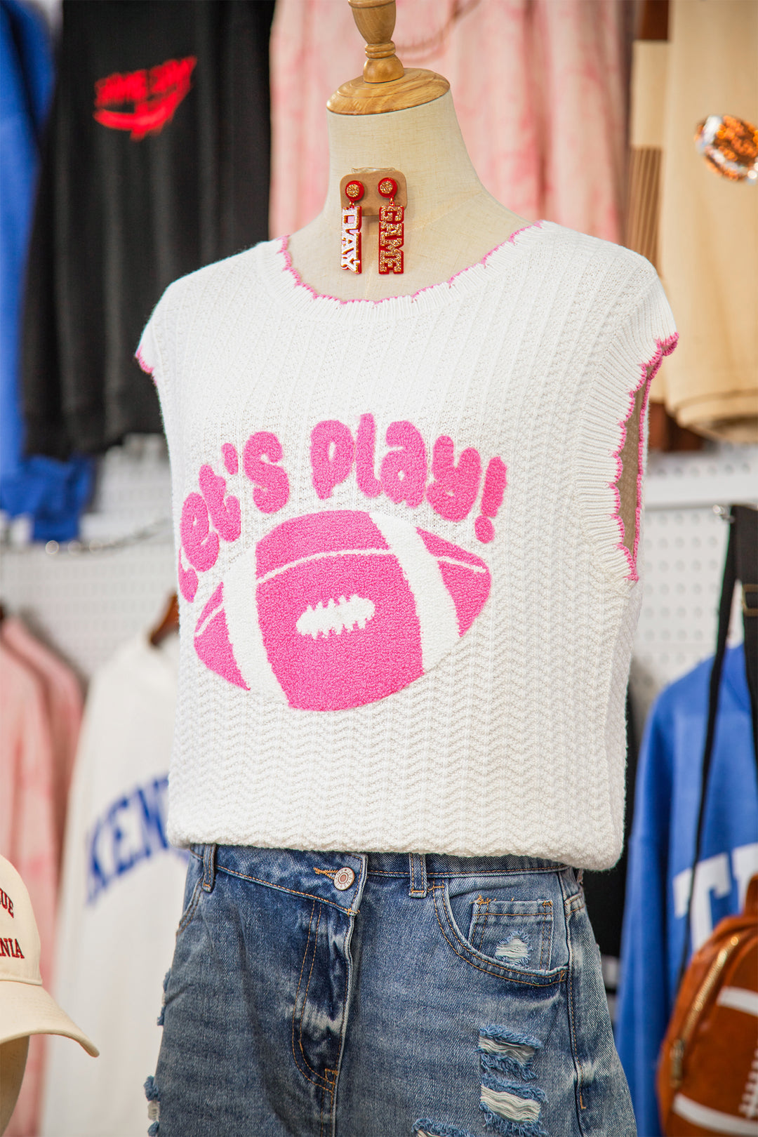 White Lets Play Rugby Pattern Textured Knit Casual Shift Sweater Vest