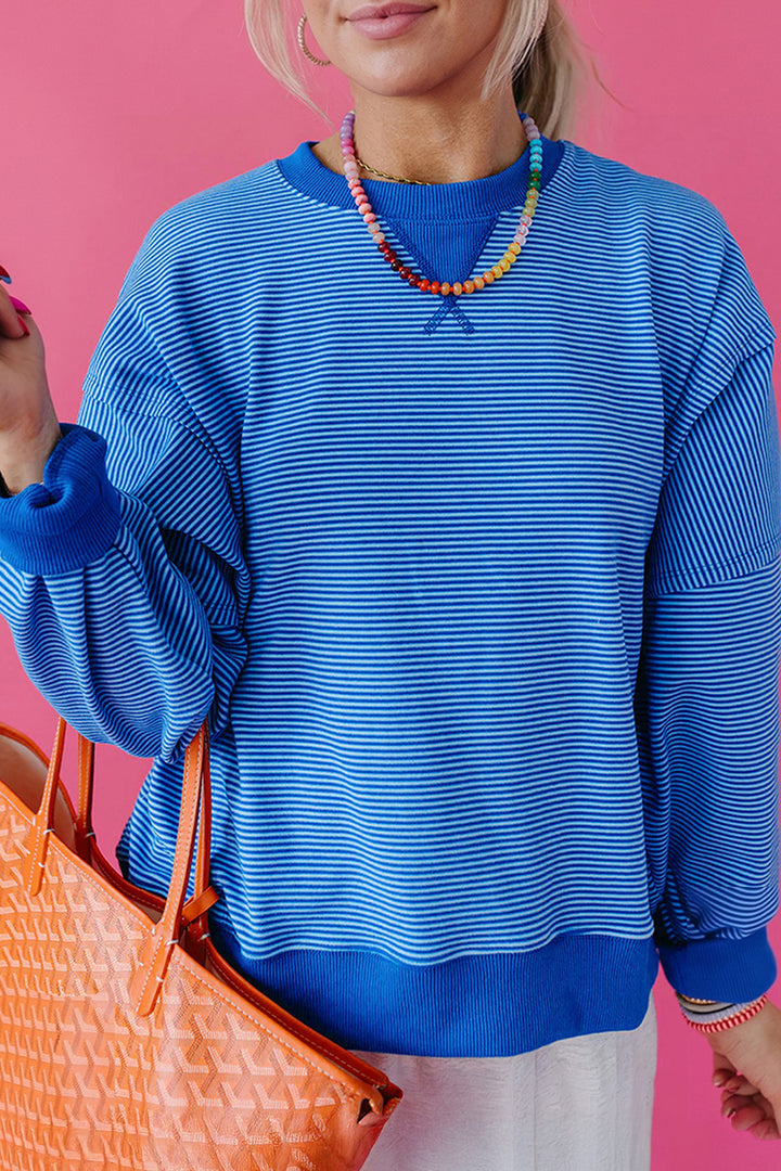Blue Stripe Ribbed Cuffs Hem Long Sleeve Pullover Top