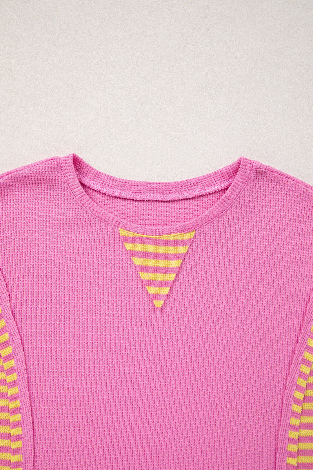Waffle Textured Contrast Striped Patchwork Loose T Shirt