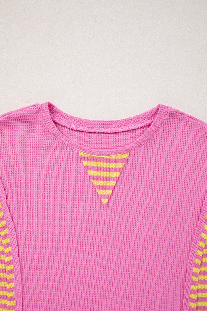 Waffle Textured Contrast Striped Patchwork Loose T Shirt