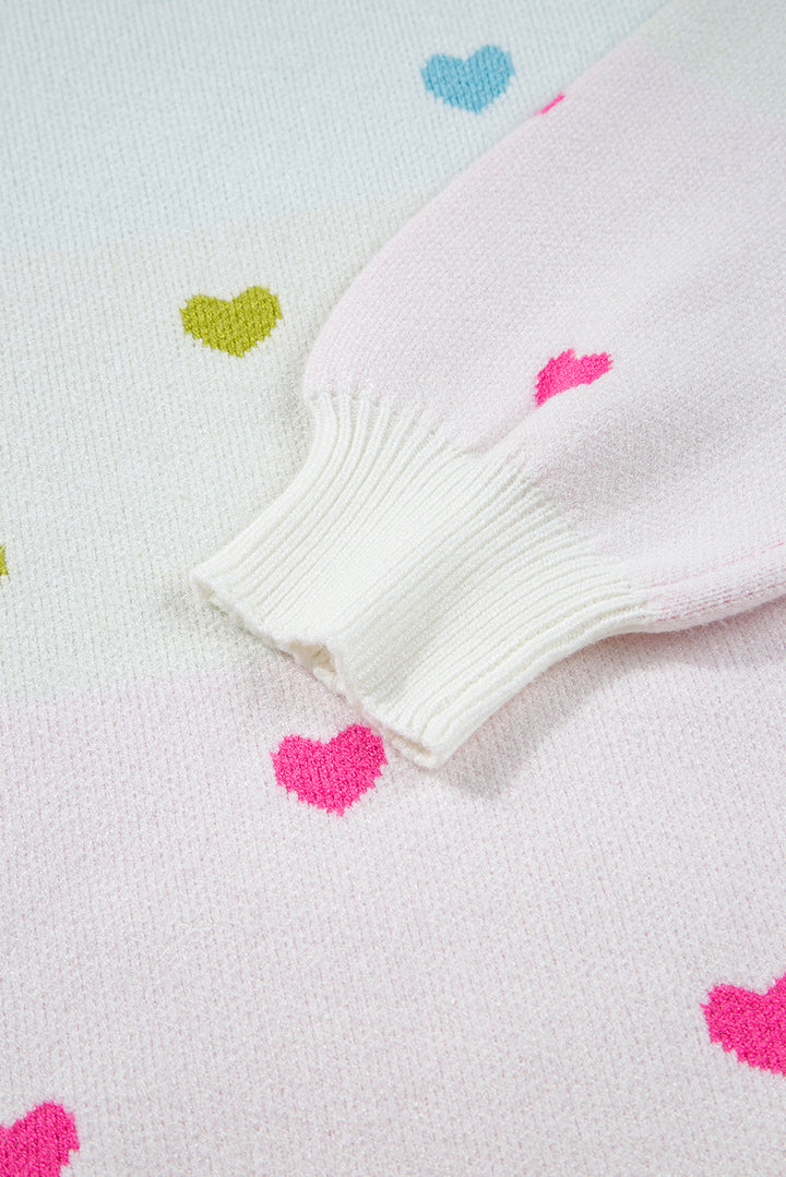 Multicolour Heart Pattern Colorblock Knit High Neck Baggy Sweater