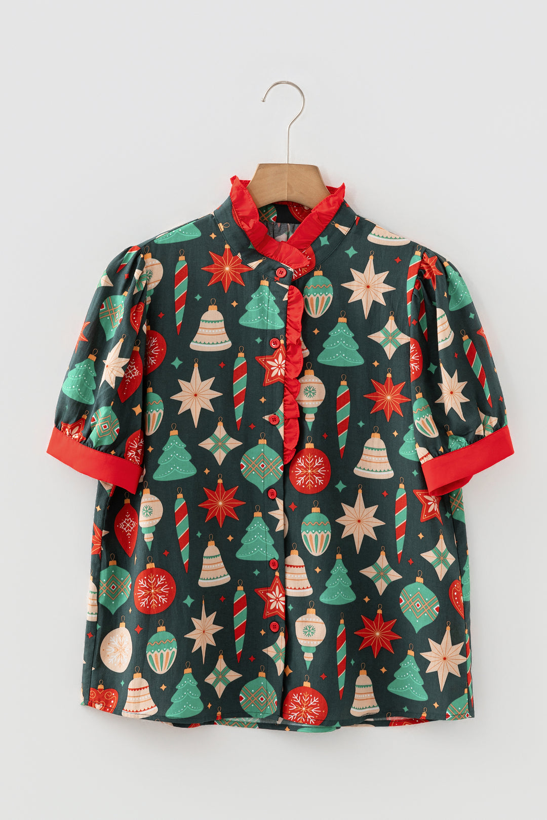 Christmas Fashion Print Contrast Trim Frilled Neck Short Sleeve Blouse