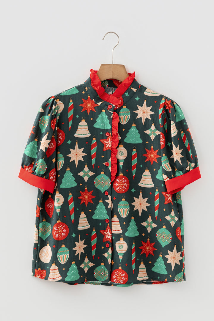 Christmas Fashion Print Contrast Trim Frilled Neck Short Sleeve Blouse