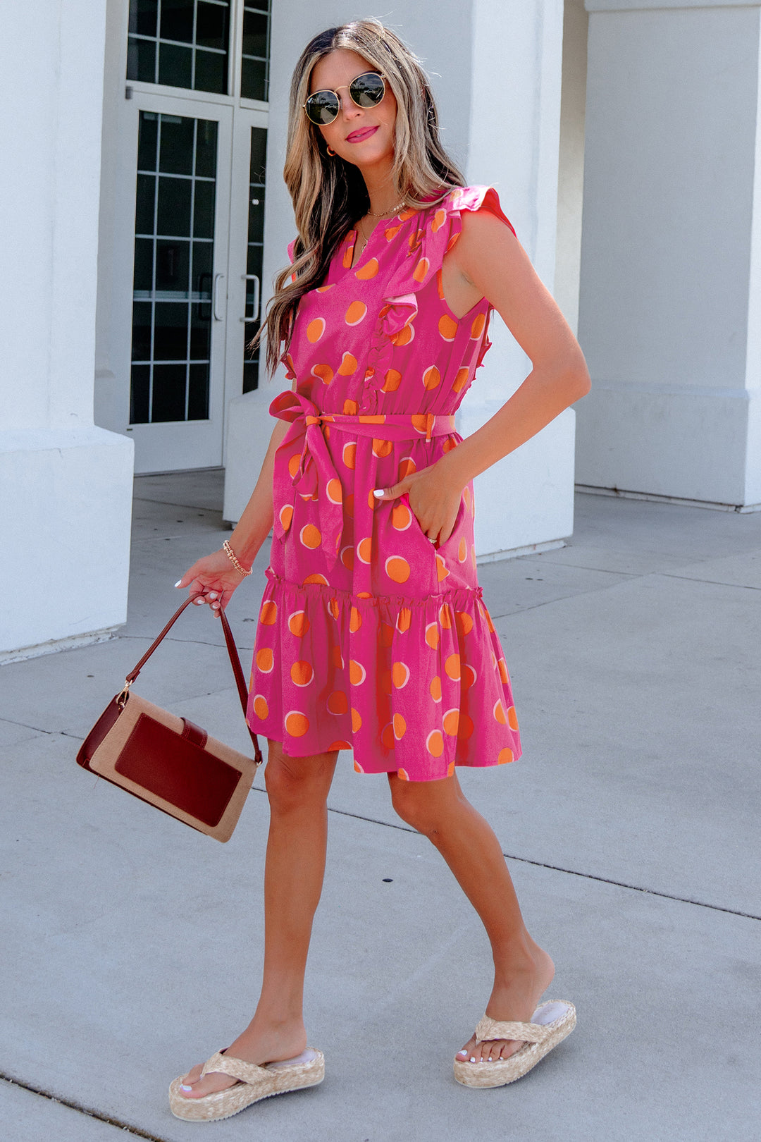 Rose Double Polka Dot V Neck Ruffled Short Sleeve Short Dress
