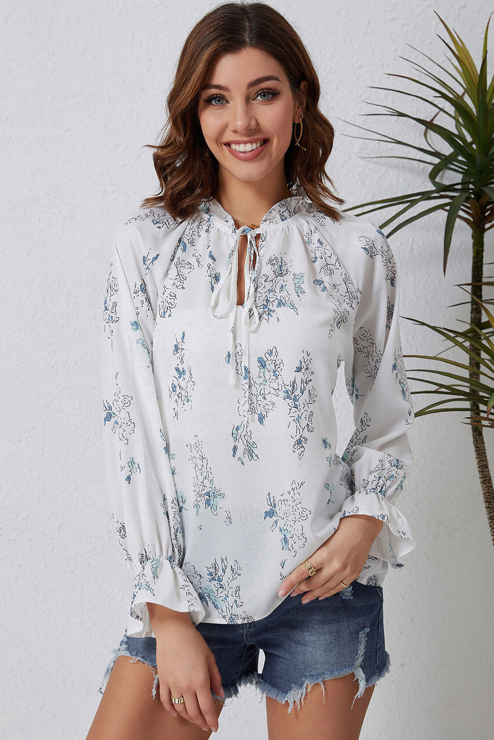 White Floral Tie Neck Long Sleeve Crinkle Blouse