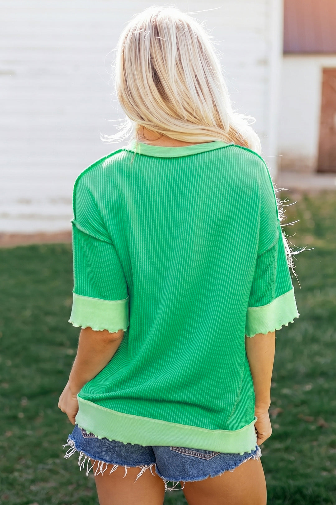 Casual Mint Green Loose Uneven Hem Twist Ribbed T Shirt