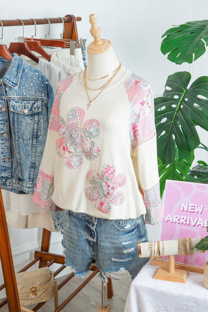Beige Color Block Retro Floral Patchwork Long Sleeve Top