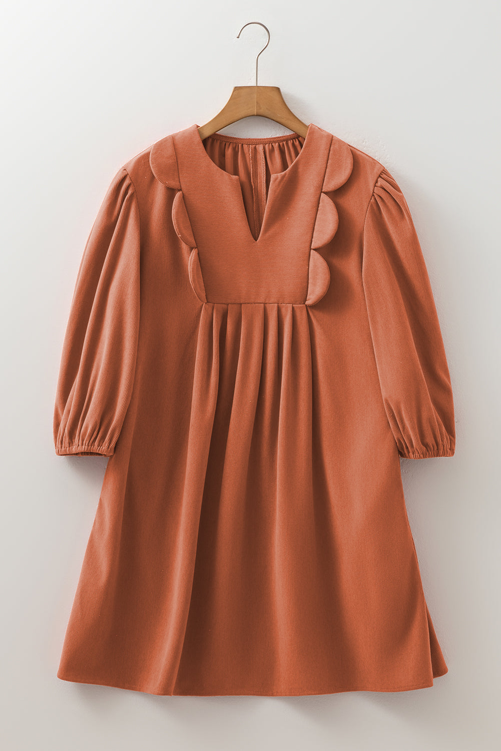 Bracelet Sleeve Split Neck Scallop Detail Pleated Corduroy Mini Dress