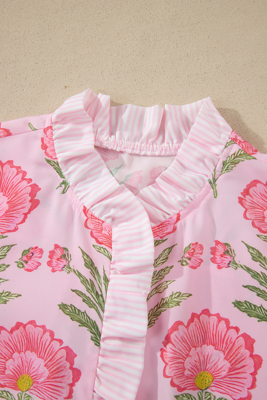 Pink Sweet Blooms Ruffle Striped Trim Puff Sleeve Shirt