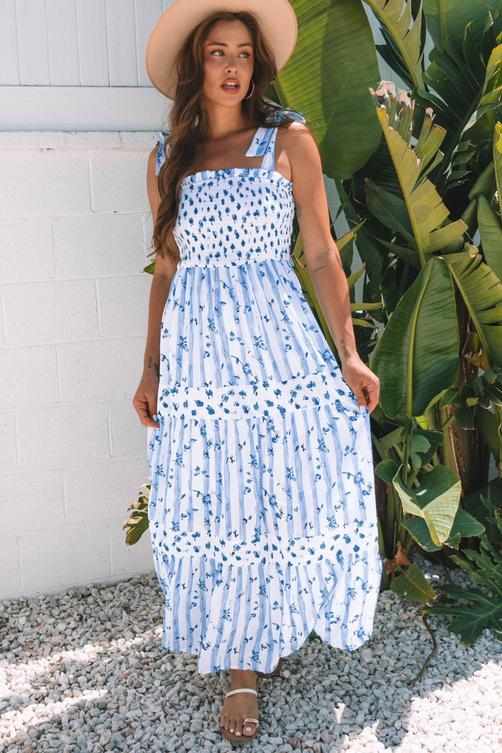 Floral Smocked Tied Straps A-Lined Tiered Maxi Dress