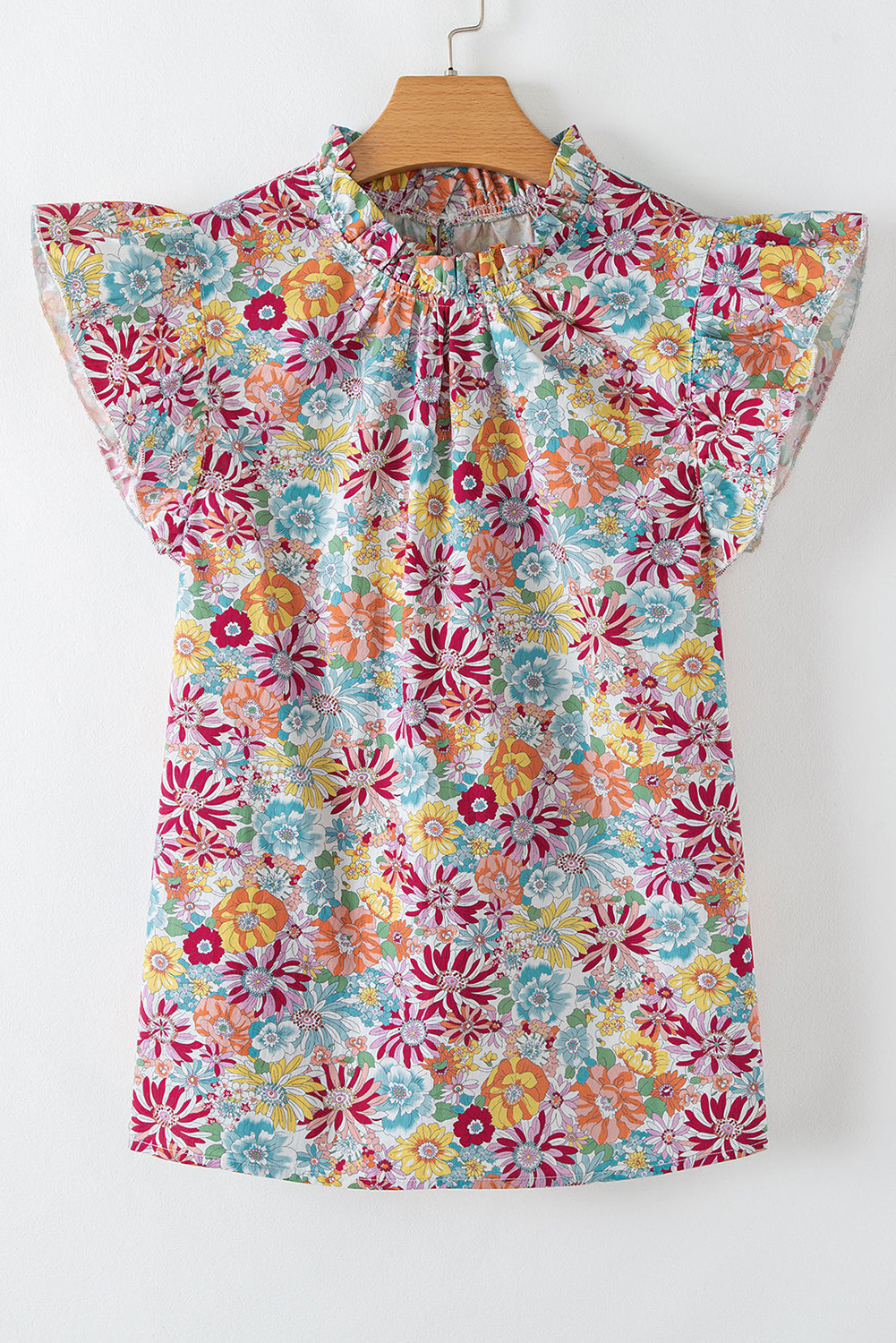 floral pleated detail flutter sleeve blouse