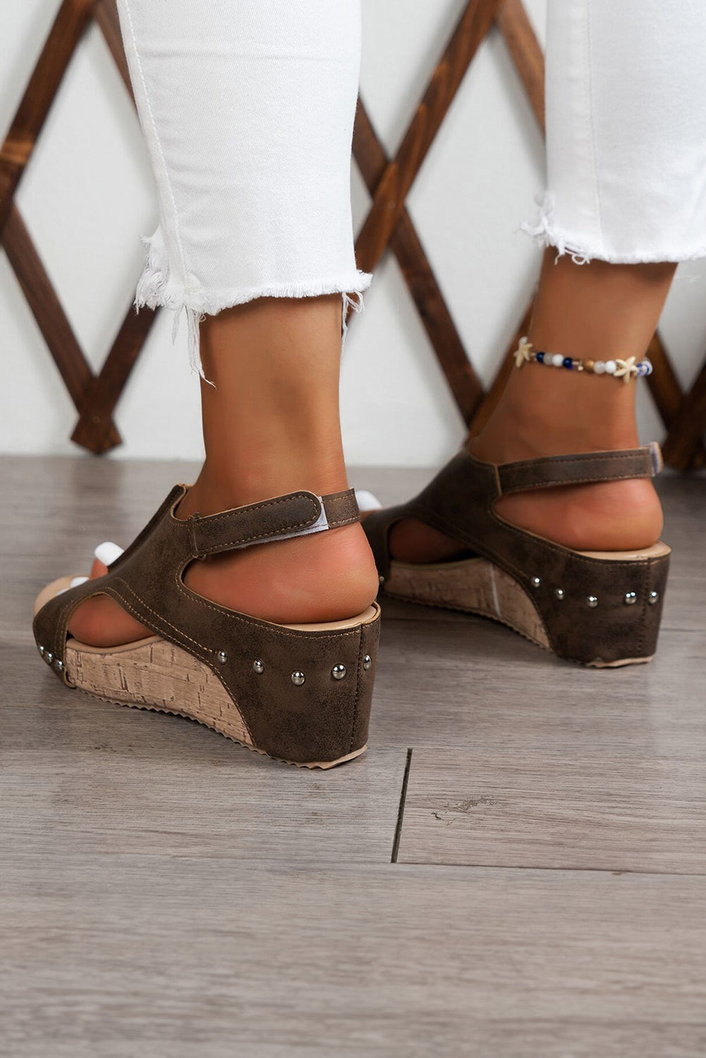 Suede Patched Studded Cut Out Wedge Sandals
