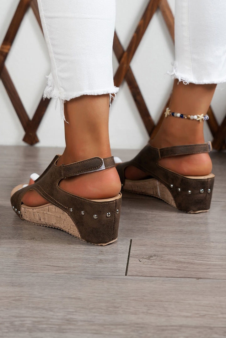 Suede Patched Studded Cut Out Wedge Sandals