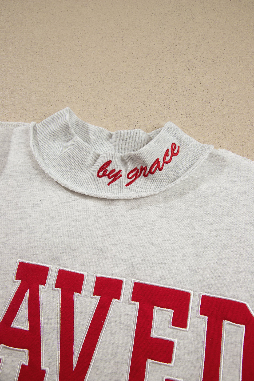 Gray Saved By Grace Embroidered Detail Letter Graphic High Neck Sweatshirt