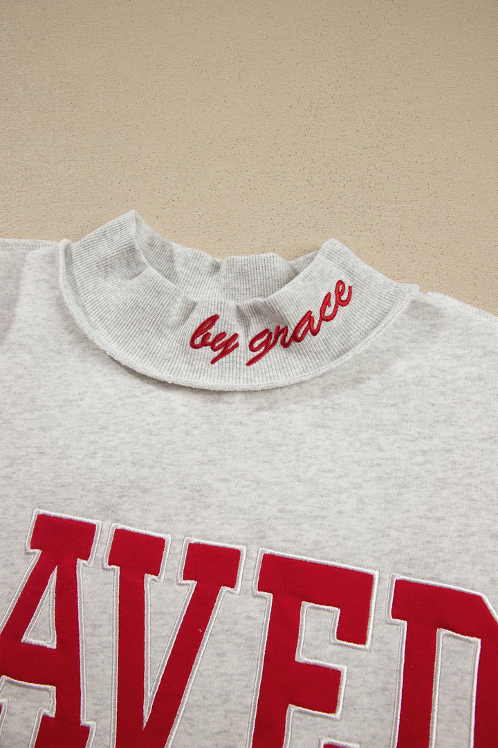 Gray Saved By Grace Embroidered Detail Letter Graphic High Neck Sweatshirt