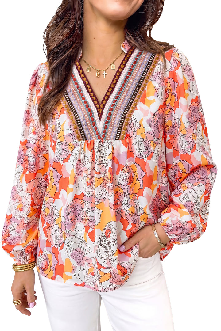 Pink Floral Print V Neck Long Sleeve Shift Blouse