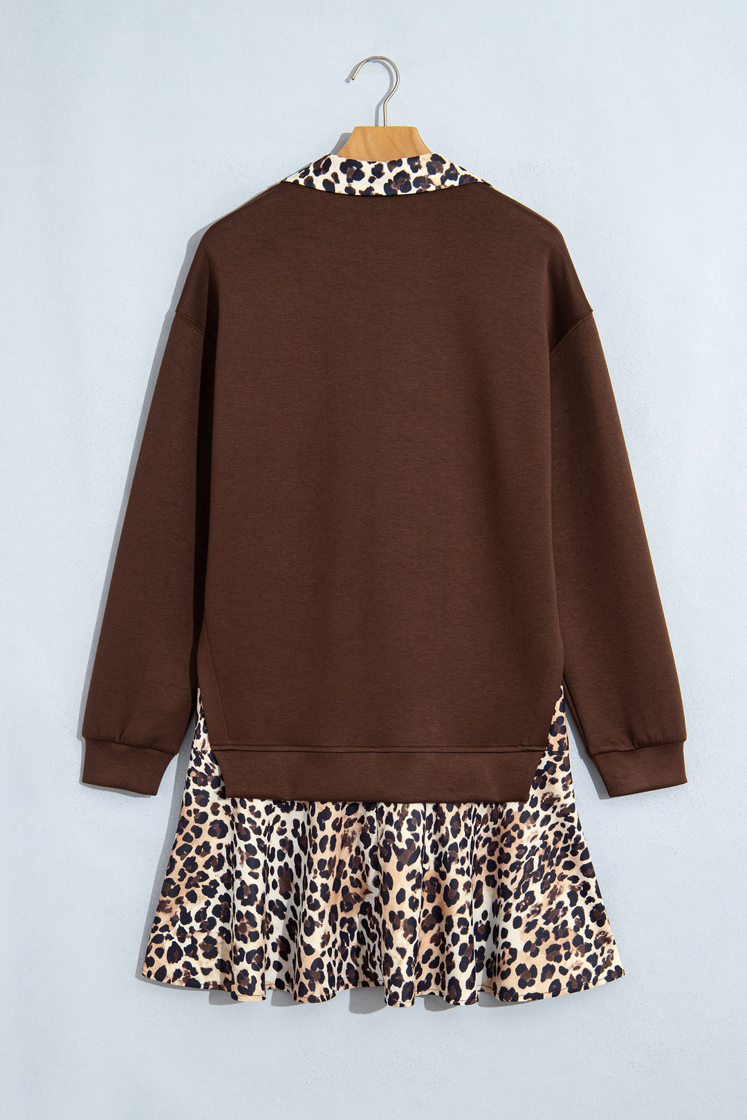 Coffee Leopard Patchwork Collar Autumn Long Sleeve Dress