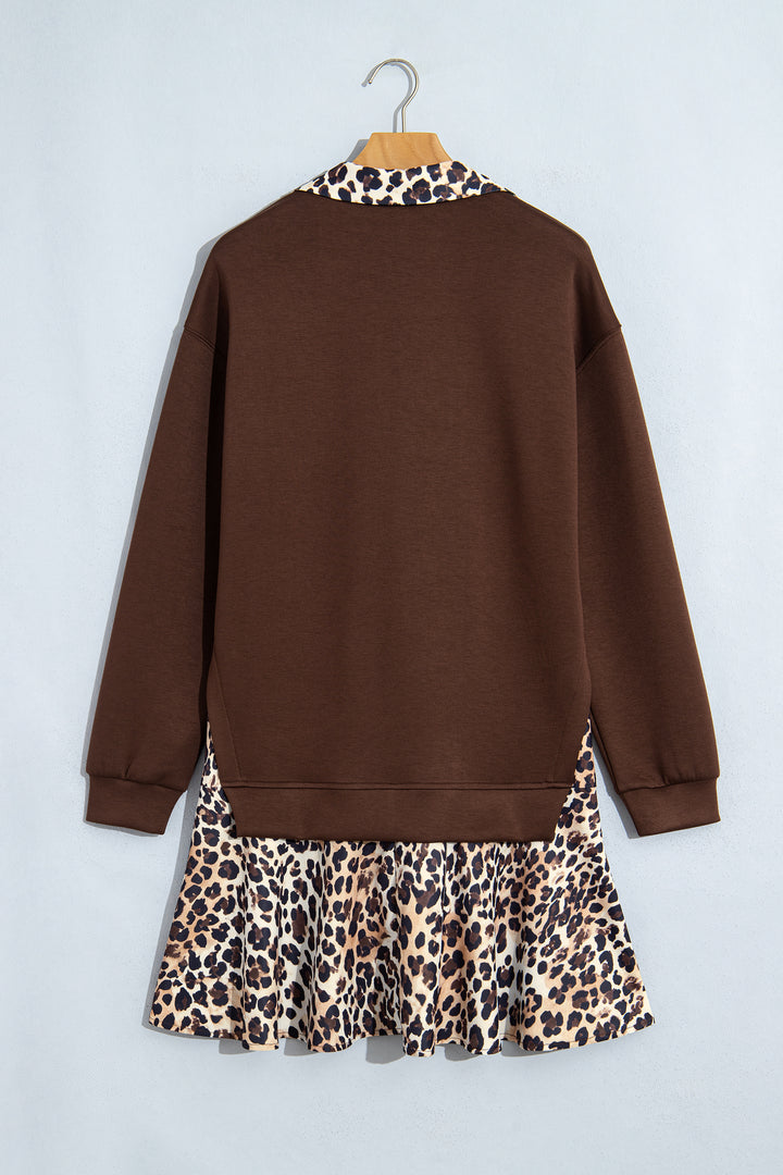 Coffee Leopard Patchwork Collar Autumn Long Sleeve Dress