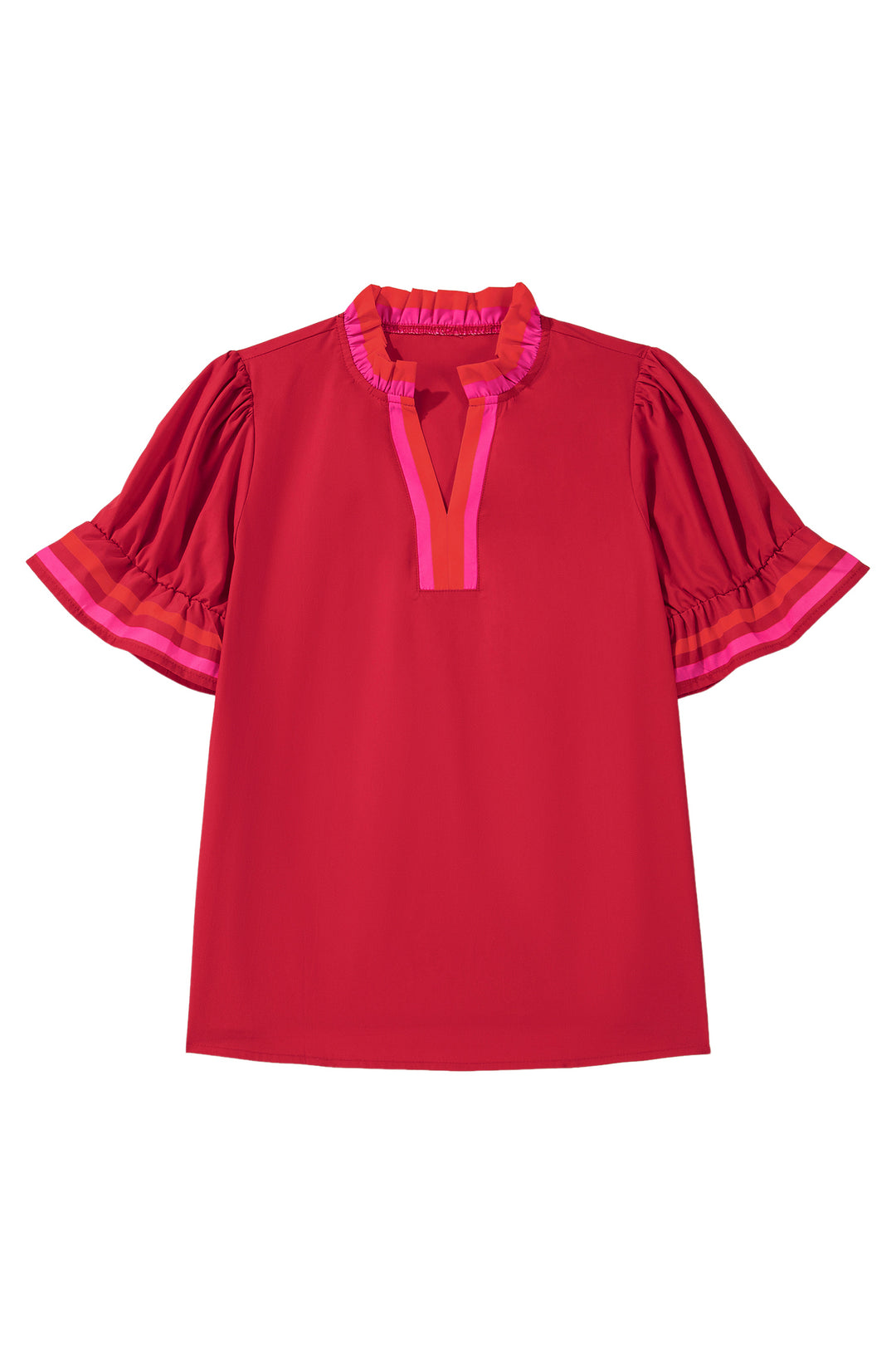 Fiery Red Striped Frilled Collar Ruffled Short Sleeve Blouse