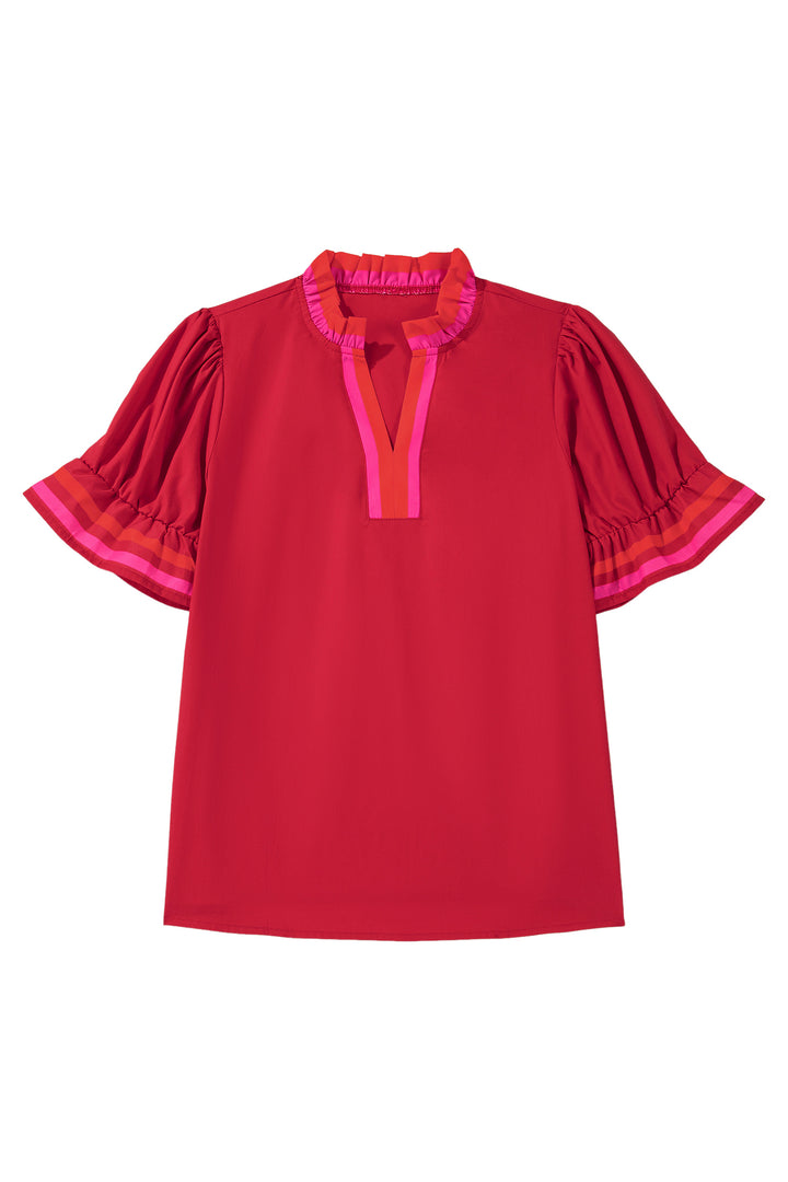 Fiery Red Striped Frilled Collar Ruffled Short Sleeve Blouse