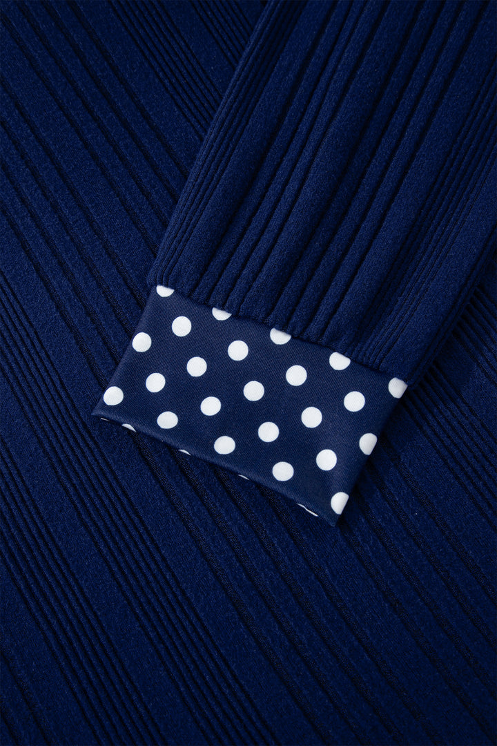Dirty blue Polka Dot Trimmed V Neck Bow Tie Textured Ribbed Top
