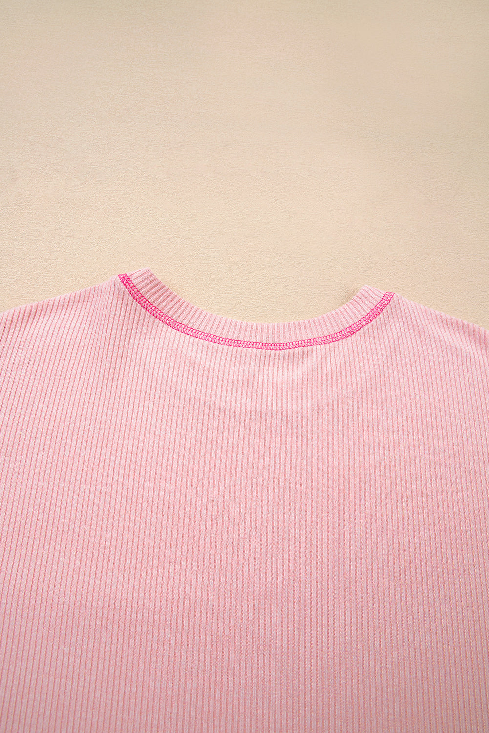 Bonbon Ribbed Exposed Seam Round Neck Chest Pocket Plus Knit Top