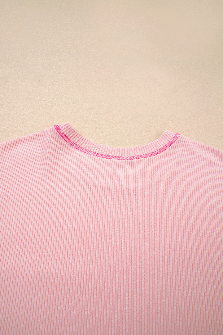 Bonbon Ribbed Exposed Seam Round Neck Chest Pocket Plus Knit Top