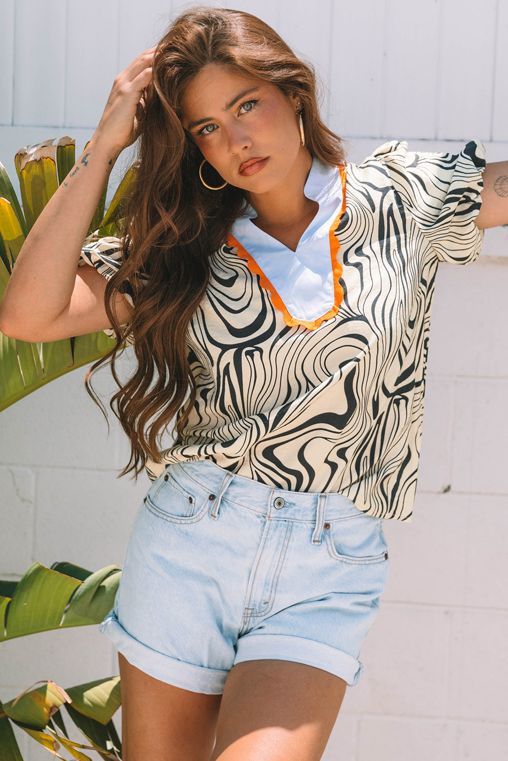 Zebra Stripe Print Contrast V-Neck Ricrac Detail Short Sleeve Blouse Top