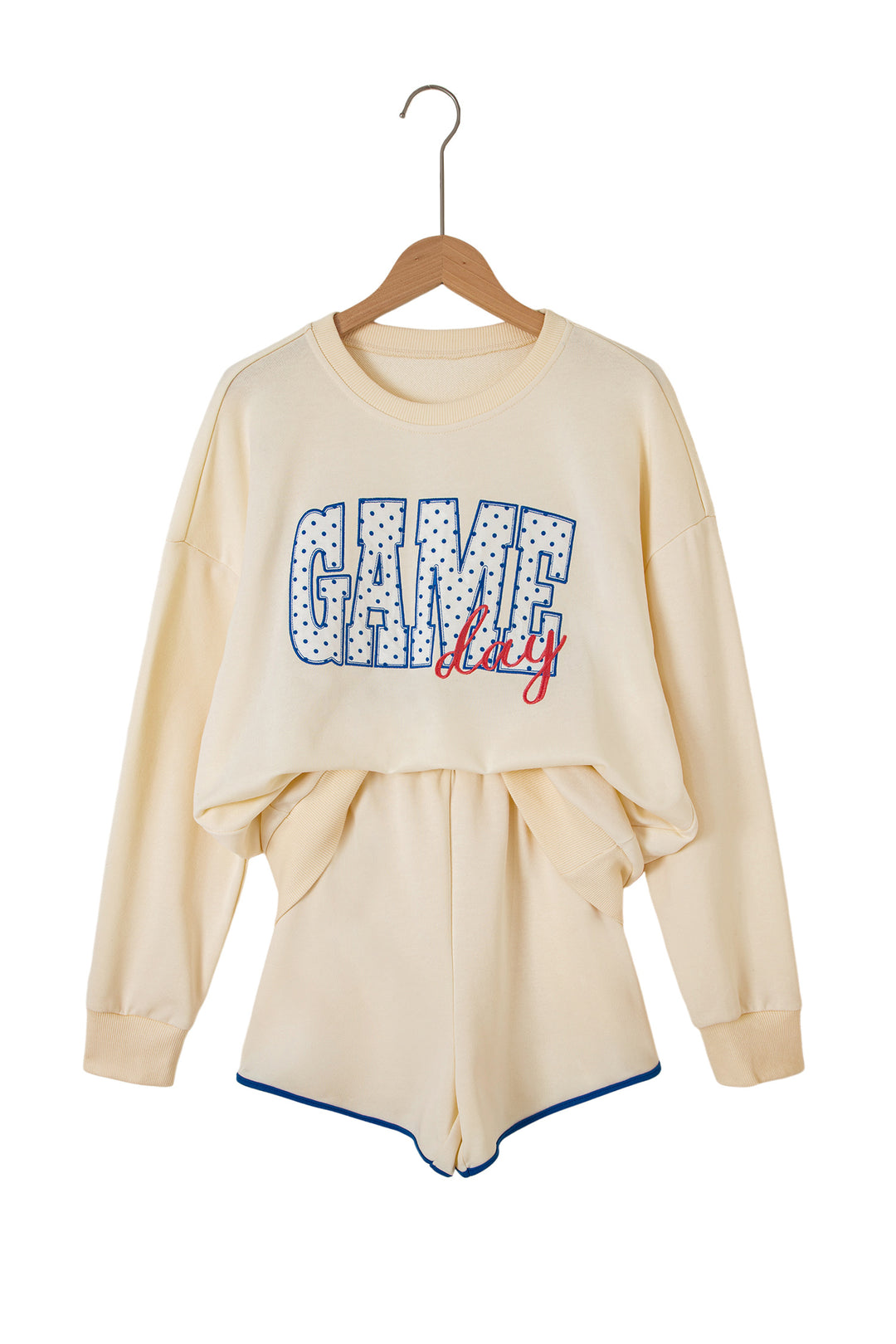 Beige Game Day Crewneck Long Sleeve Pullover Athleisure Short Sets