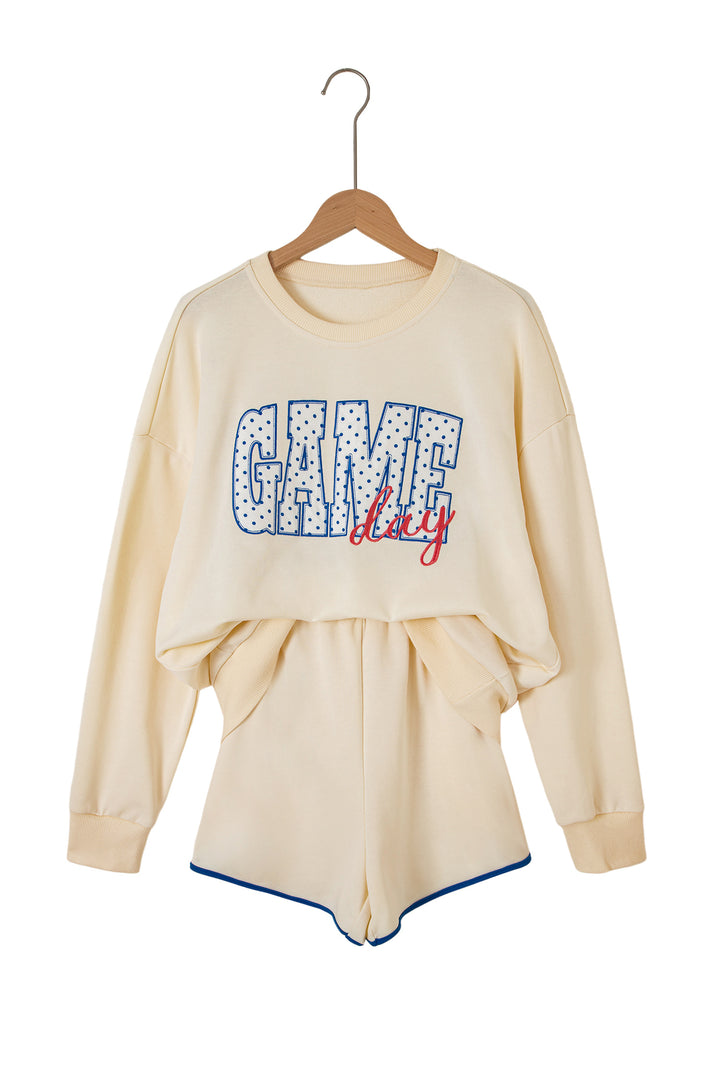 Beige Game Day Crewneck Long Sleeve Pullover Athleisure Short Sets