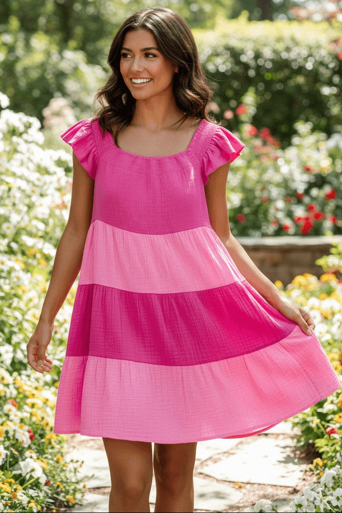 Cute Pink Crinkled Colorblock Patchwork Flutter Tiered Mini Babydoll Dress