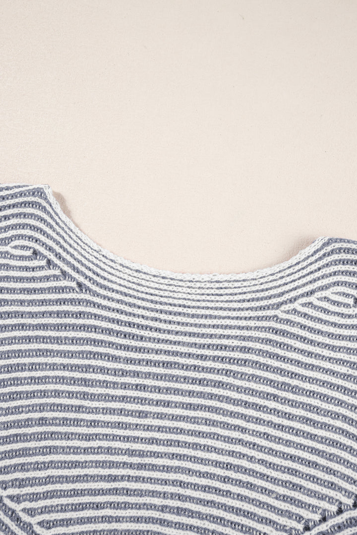 Striped Print Ribbed Knit Boat Neck Baggy Sweater