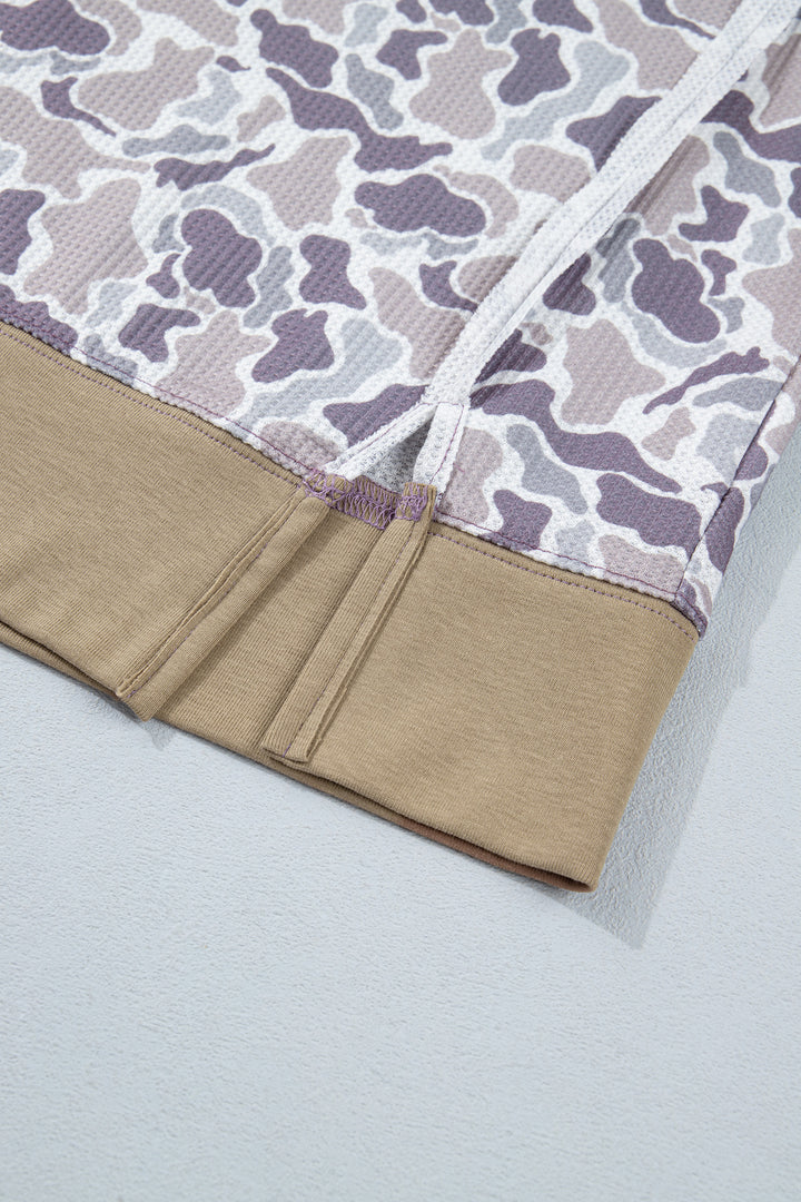 Khaki Camouflage Print Textured Knit Color Block Trim Long Sleeve Top