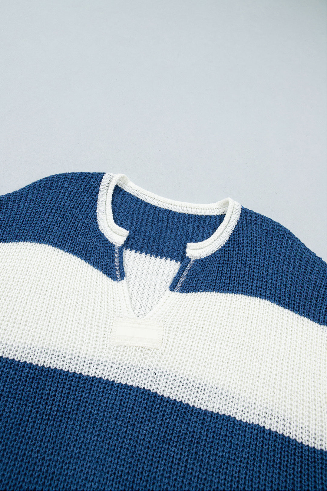 Blue Stripe Striped Colorblock Knit V Neck Short Sleeve Loose Sweater