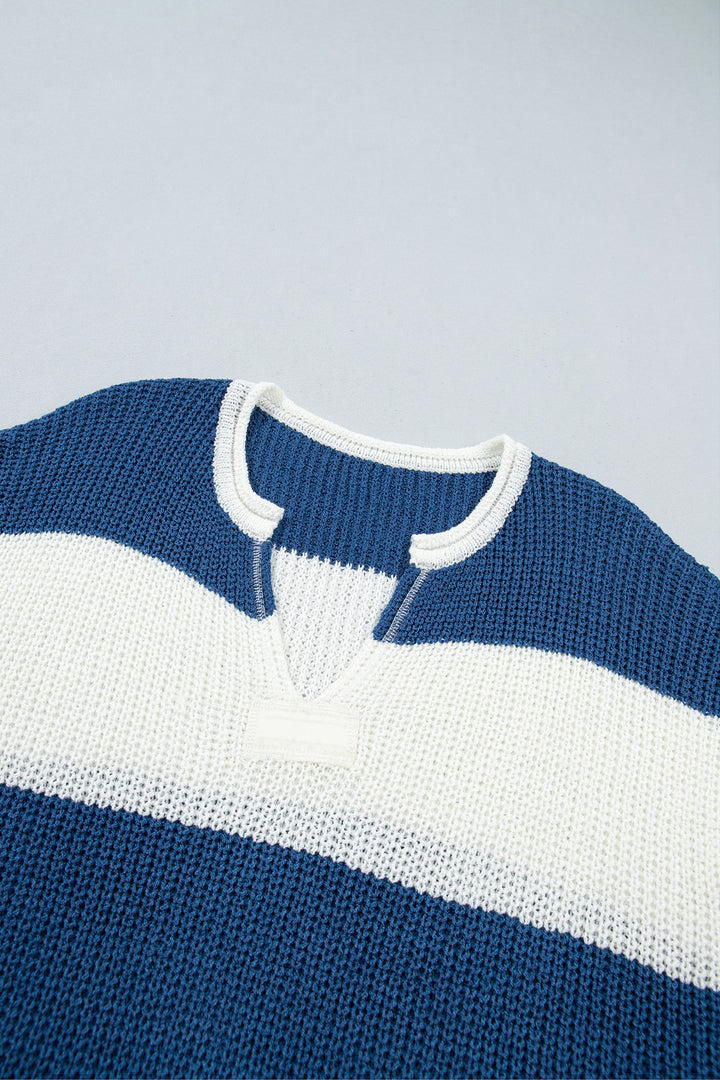 Blue Stripe Striped Colorblock Knit V Neck Short Sleeve Loose Sweater