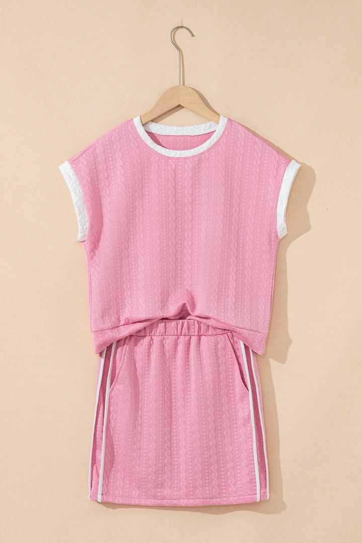 Pink Contrast Trim Textured Crewneck Tee and Pocketed Skirt Set