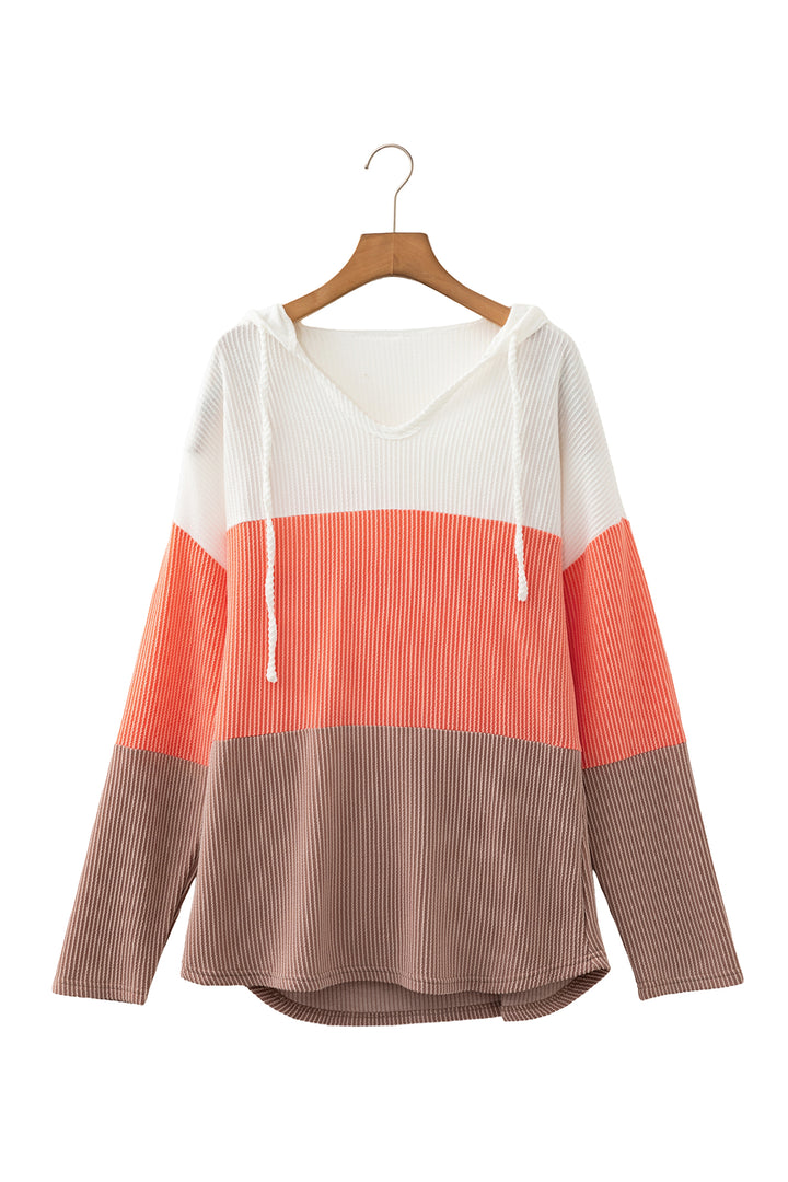 Gold Flame Ribbed Colorblock Hooded Pullover Long Sleeve Top